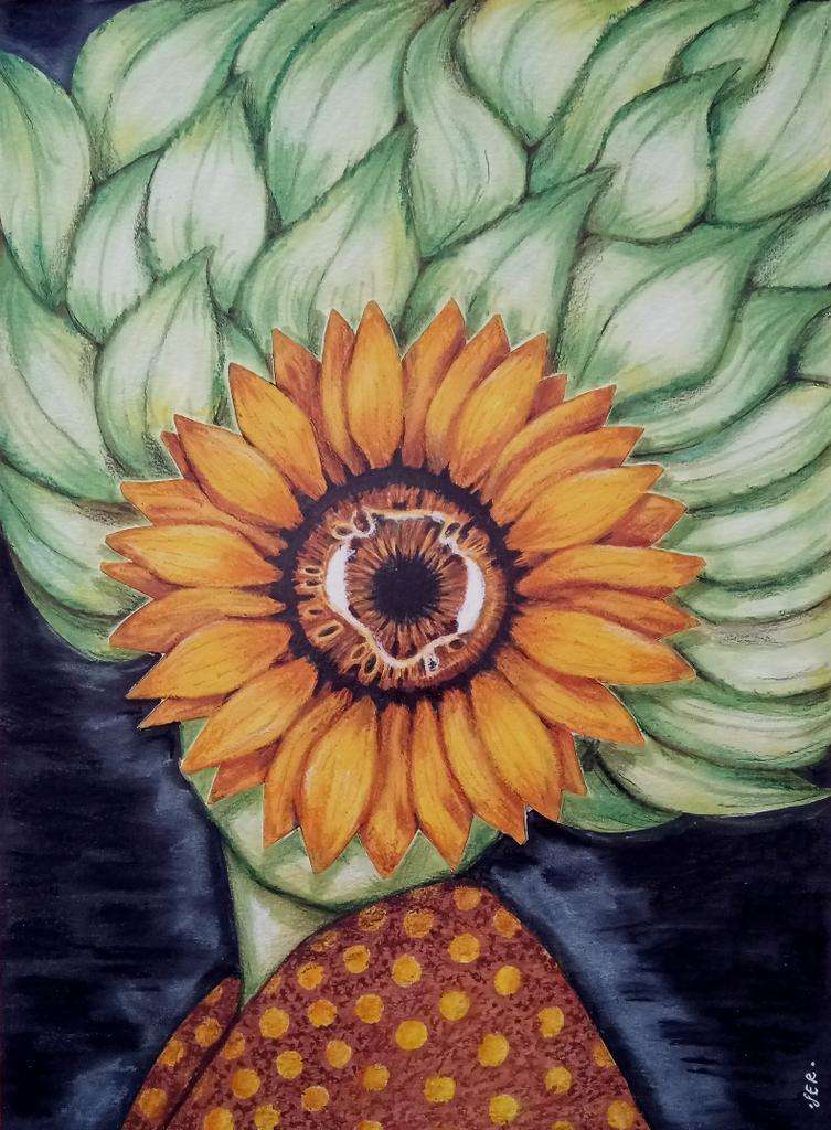 Title: Sunflower Technique: collage; markers, colored pencils, white ink and oil pastels on paper Size: 29,7 x 40,6 cm Year: 2024 by Serena De Pascalis